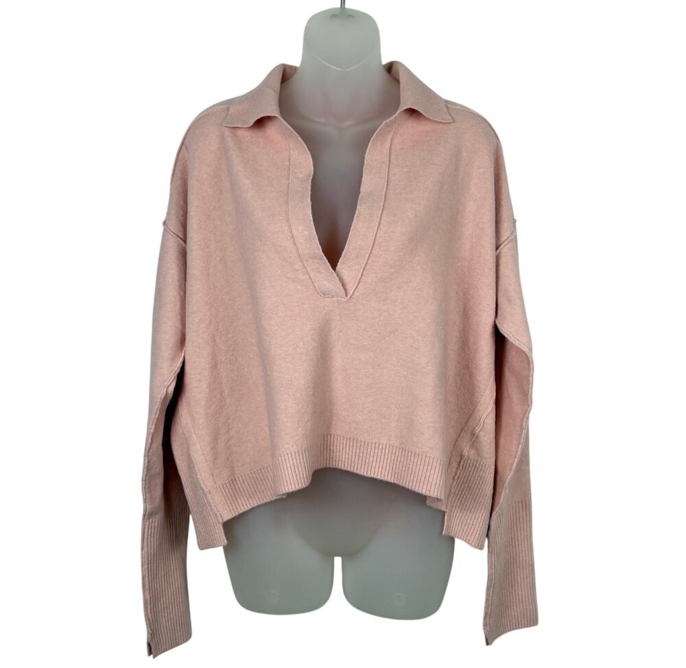 Free People Collared Deep V-Neck Cropped Slouchy Cozy Baby Pink Sweater S NWOT